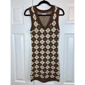 Hollister Y2K Light Academia V-Neck Argyle Mini Sleeveless Sexy Sweater Dress XS